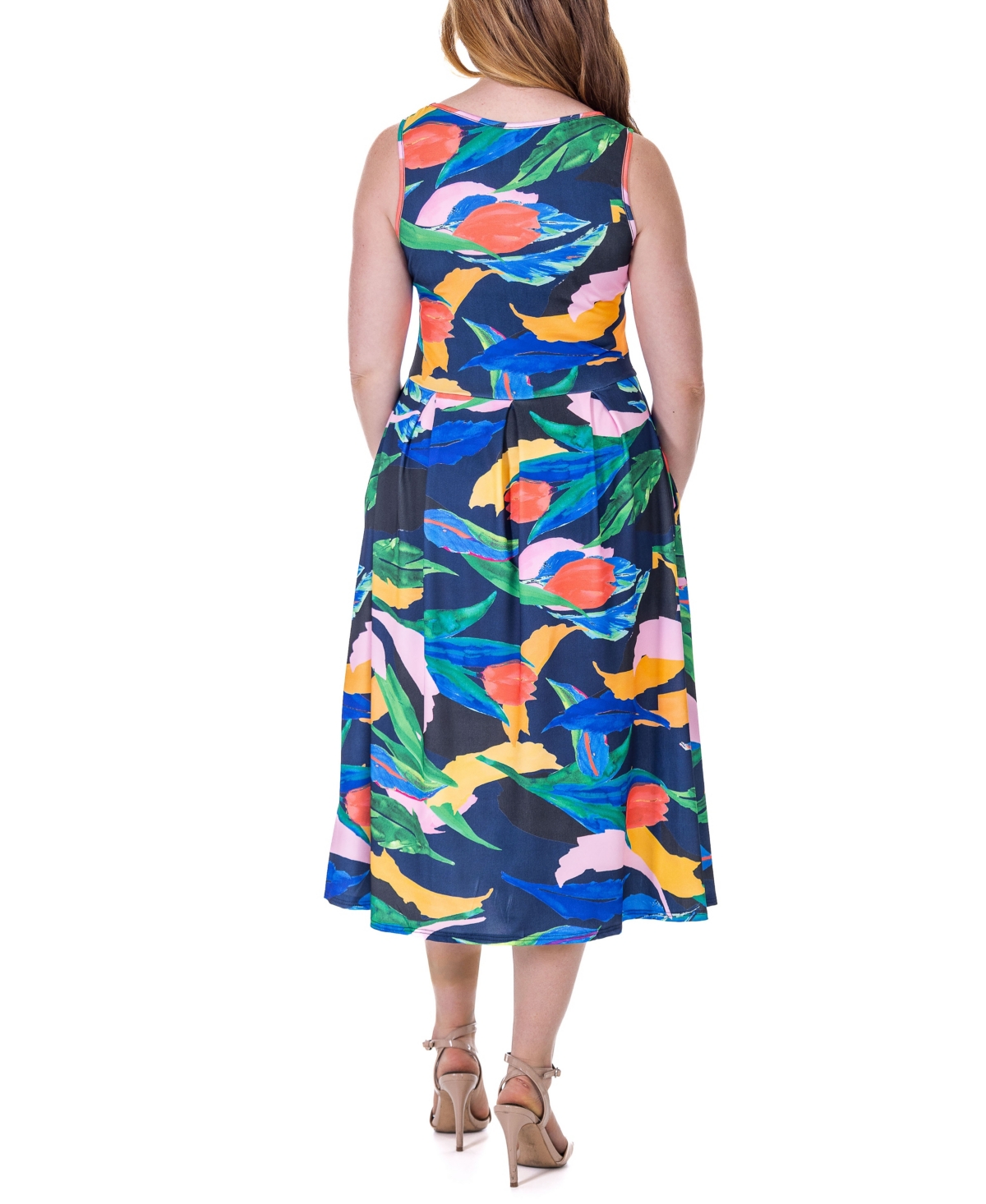 Shop 24seven Comfort Apparel Print Sleeveless Pleated Pocket Midi Dress In Miscellane