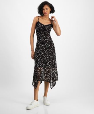 Planet Heart - Juniors' Floral-Print Lace-Trimmed Handkerchief-Hem Mesh Midi Dress