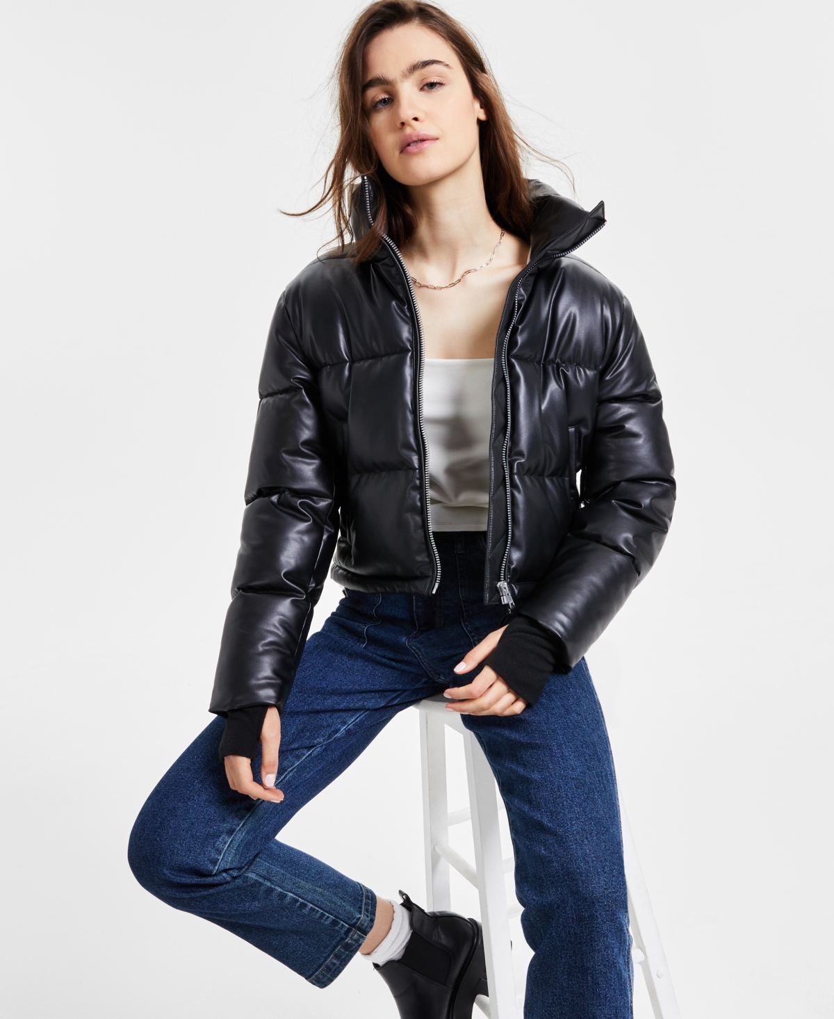 Women's Cropped Zip-Front Faux-Leather Puffer Coat - Black