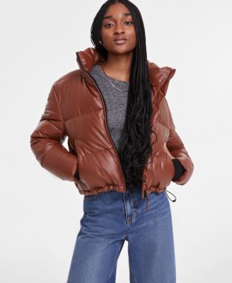 S13 Women s Cropped Zip Front Faux Leather Puffer Coat Macy s