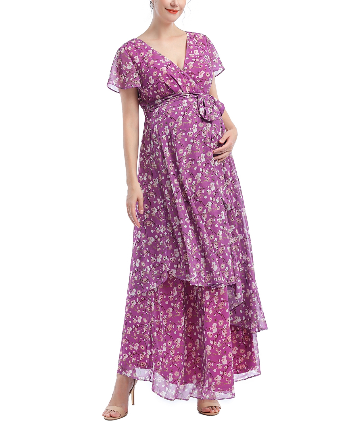 kimi + kai Maternity Faux Wrap Chiffon Maxi Dress - Multicolored