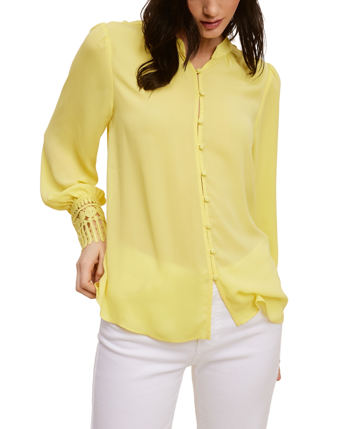 Solid Soft Crepe Blouse With Lace Cuff - YELLOW CREAM
