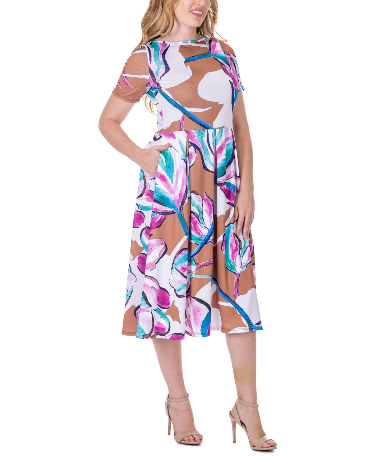Shop 24seven Comfort Apparel Print Short Sleeve Pleated Flare Midi Pocket Dress In Miscellane