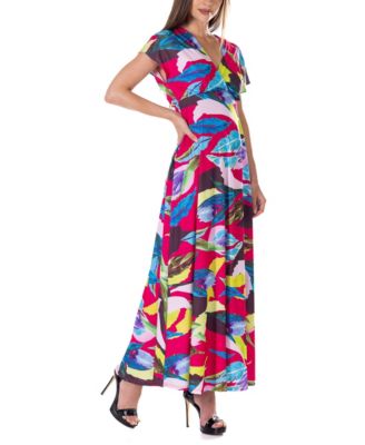 Print V Neck Empire Waist Kimono Cap Sleeve Maxi Dress
