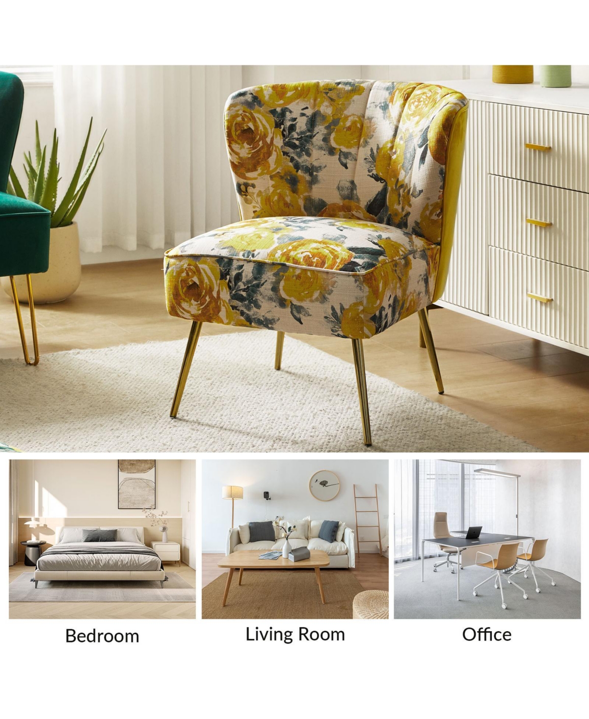 Hulala Home Tufted Floral Fabric Accent Chair with Gold Metal Legs for Living Room
