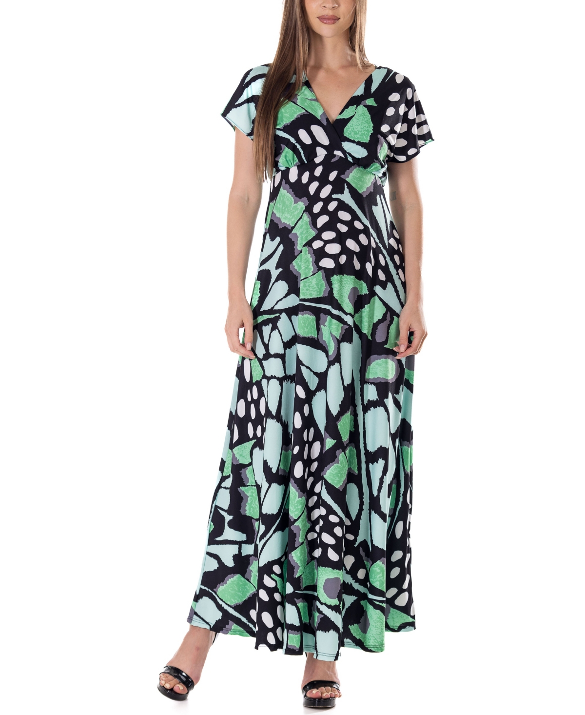 Shop 24seven Comfort Apparel Print V Neck Empire Waist Kimono Cap Sleeve Maxi Dress In Miscellane