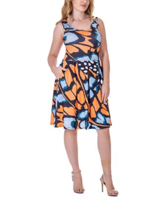 Print Sleeveless Pleated Knee Length Pocket Dress