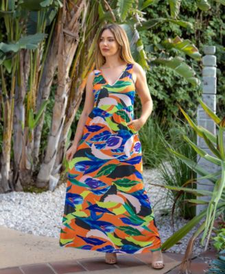 Print Sleeveless V Neck Maxi Pocket Dress