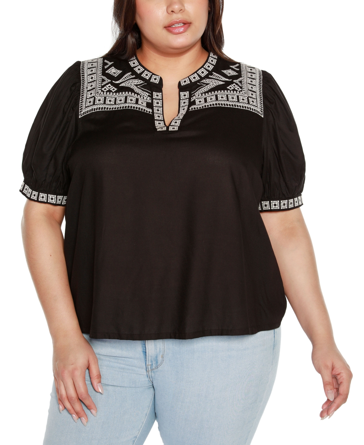 Belldini Black Label Plus Size Embroidered Boho Short Sleeve Top
