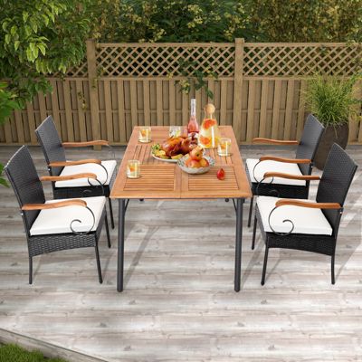 Set of 4 Outdoor PE Wicker Chairs with Acacia Wood Armrests
