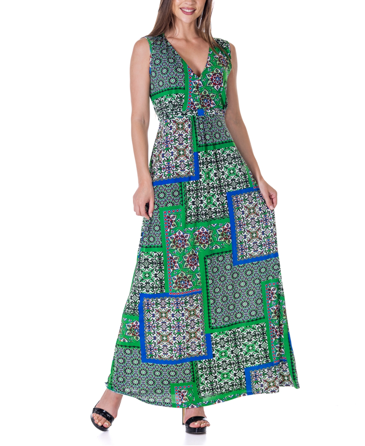 Shop 24seven Comfort Apparel Green V Neck Empire Waist Sleeveless Maxi Dress In Miscellane