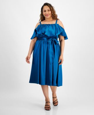 knee length dresses for ladies Plus Size Shri Cold Shoulder Midi Dress -Red 1x / Red at Curvy Sense main image 0