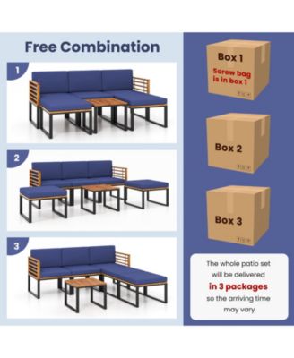 6 Piece Patio Acacia Wood Conversation Sofa Set with Ottomans and Coffee Table