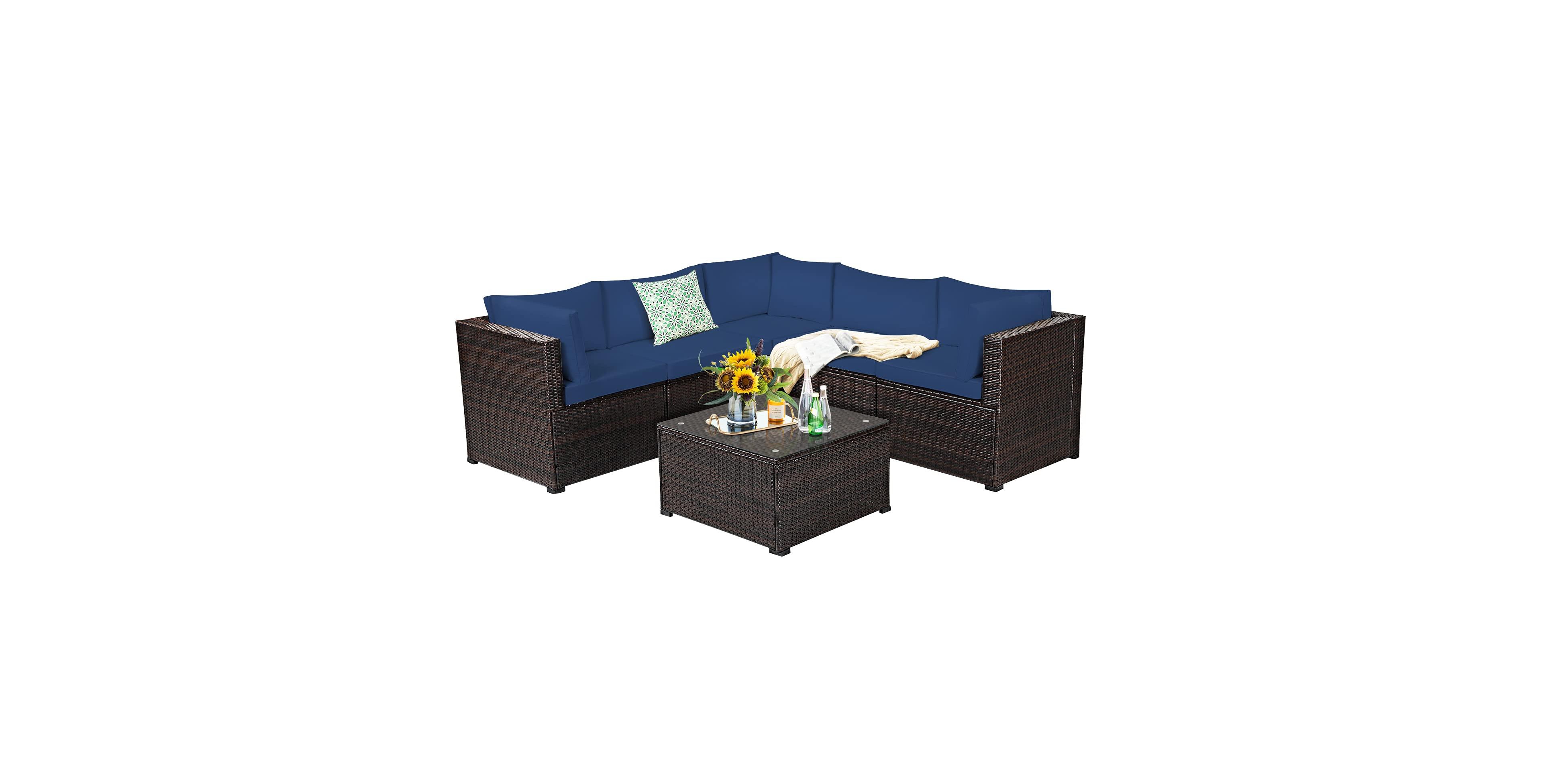 Sugift 6 Pieces Rattan Patio Sectional Sofa Set with Cushions for 4-5 Person