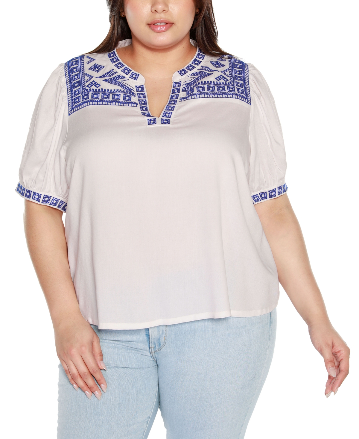Belldini Black Label Plus Size Embroidered Boho Short Sleeve Top In White