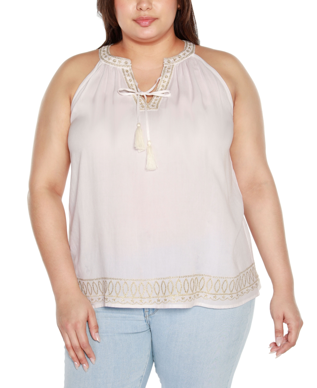 Belldini Black Label Plus Size Lurex Embroidered Keyhole Tank Top In White