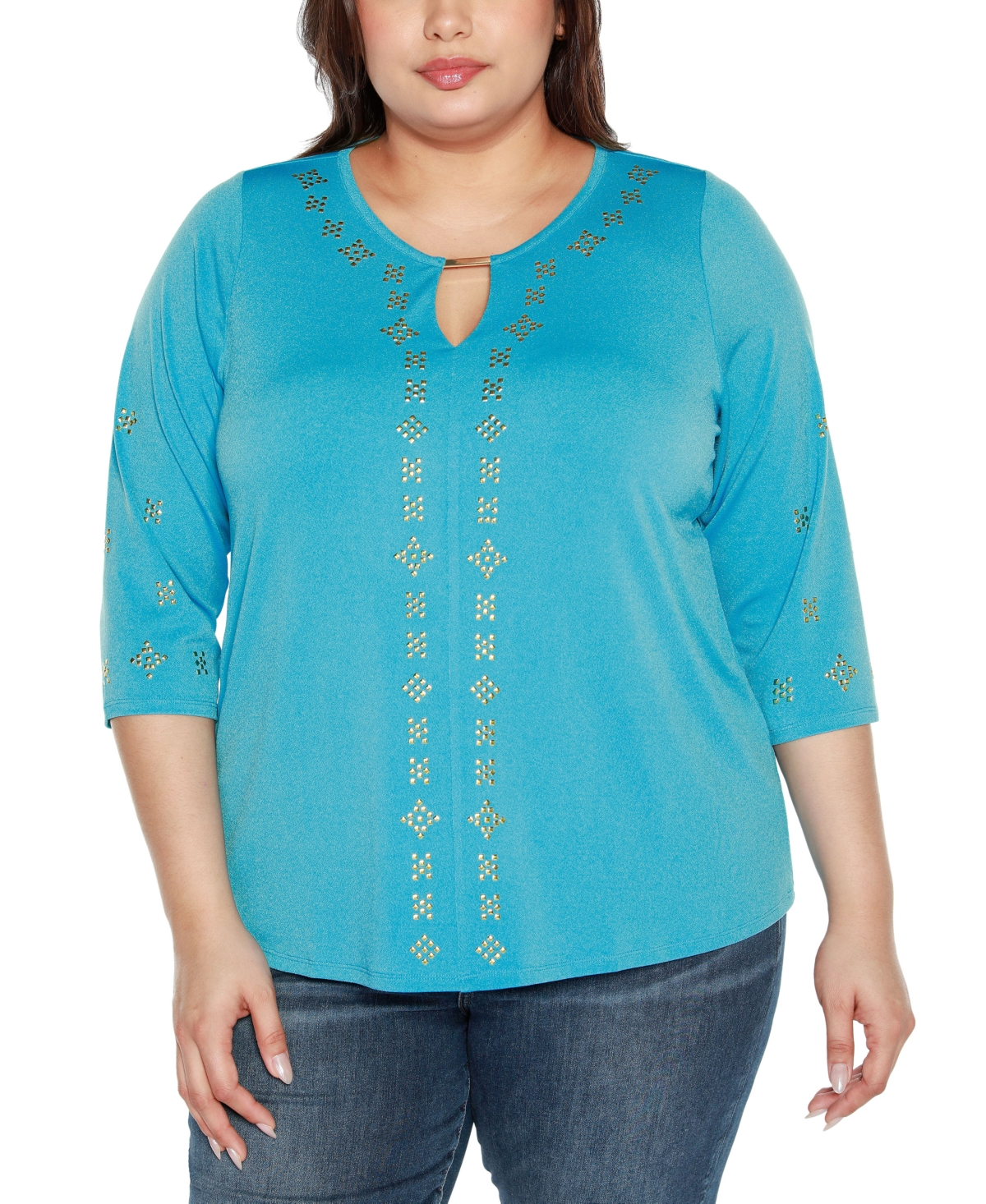 Belldini Black Label Plus Size Embellished Keyhole Knit Top In Blue Bliss