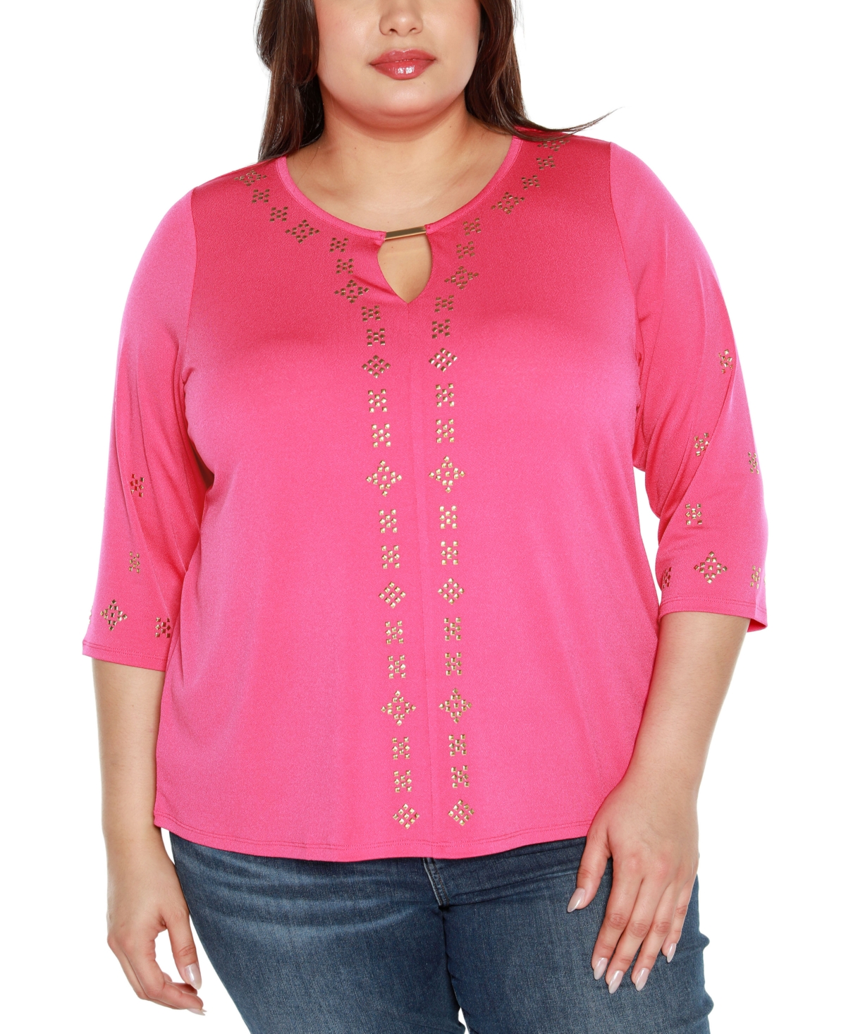 Belldini Black Label Plus Size Embellished Keyhole Knit Top In Pink