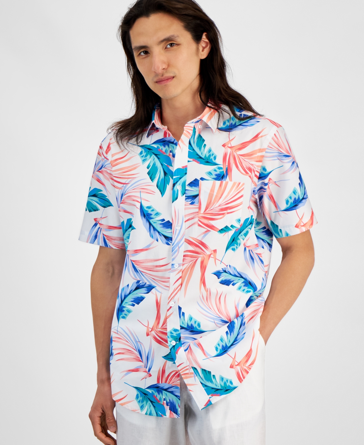 Men's Summer Leaf Regular-Fit Stretch Tropical-Print Button-Down Poplin Shirt, Created for Macy's - Bright White