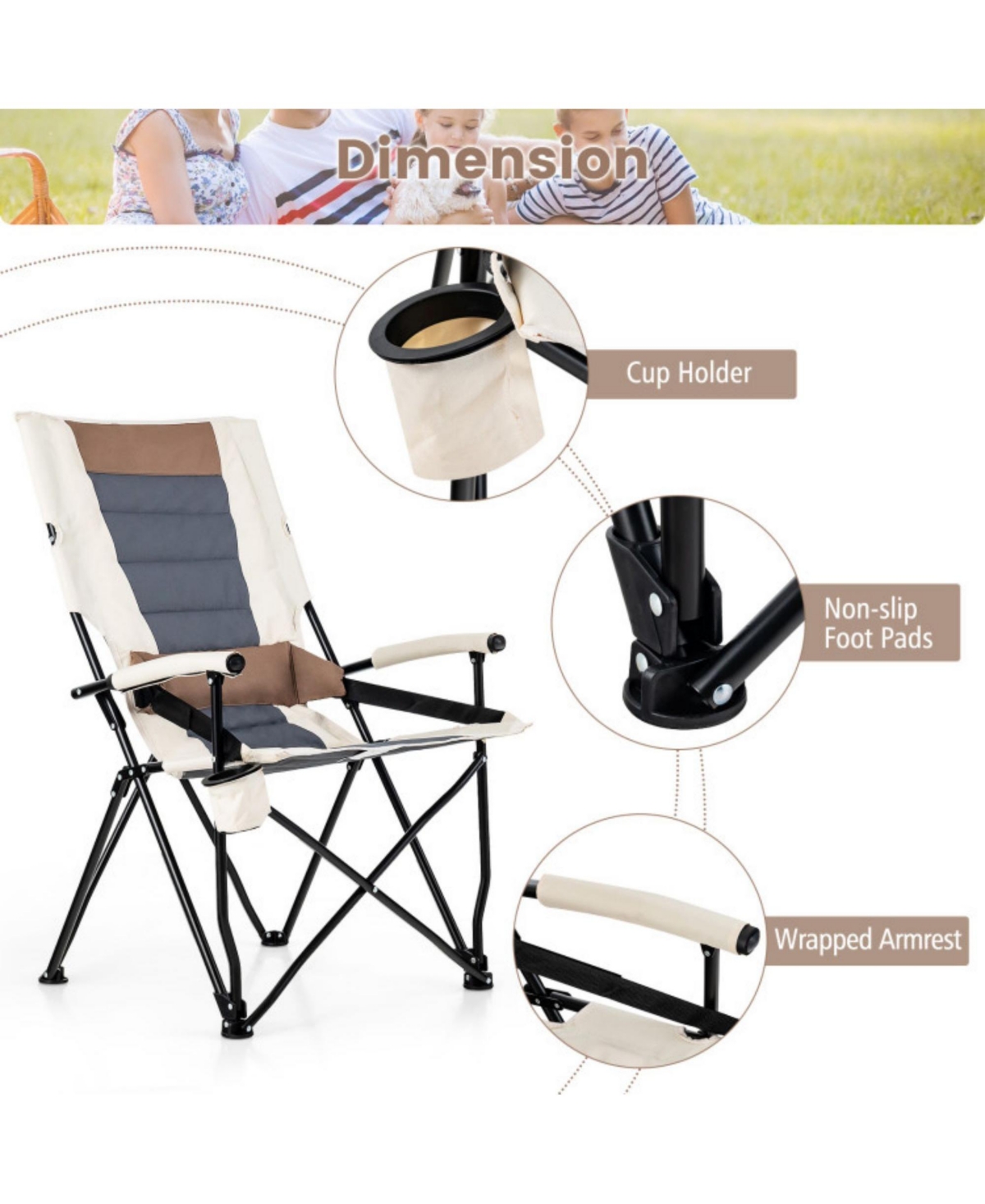 Sugift Folding Camping Chair with Cup Holder Armrest and Lumbar Pillow -khaki