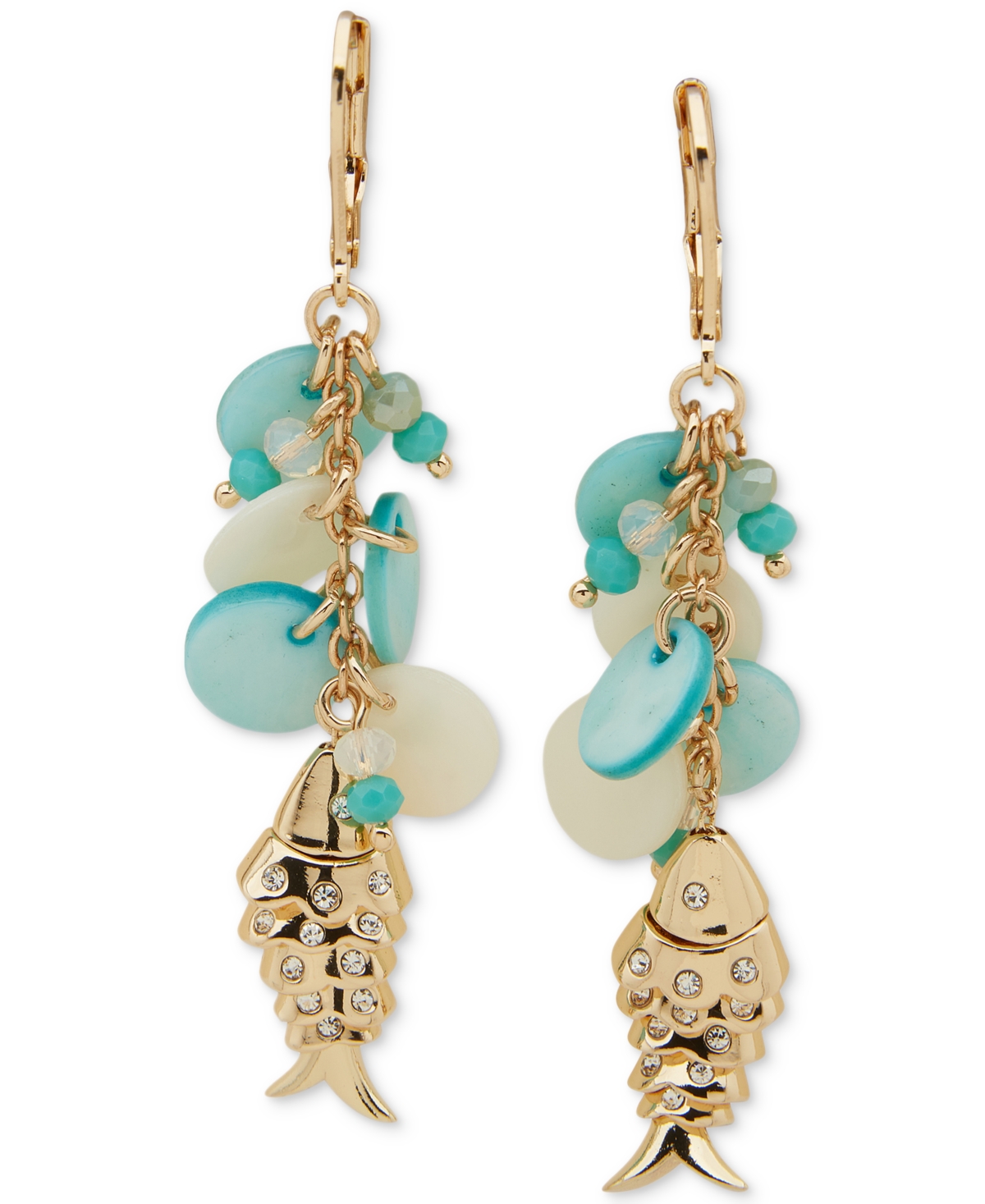 Gold-Tone Mixed Bead & Disc Pave Sea-Motif Charm Linear Drop Earrings - Turquoise