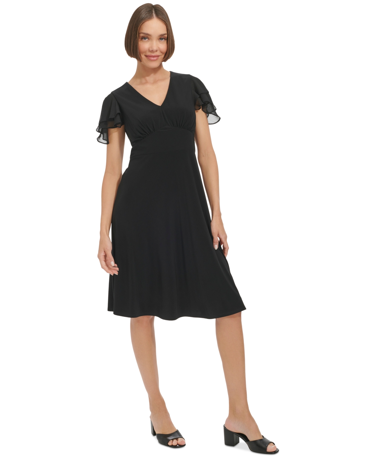 Shop Tommy Hilfiger Women's Flutter-sleeve Fit & Flare Dress In Black