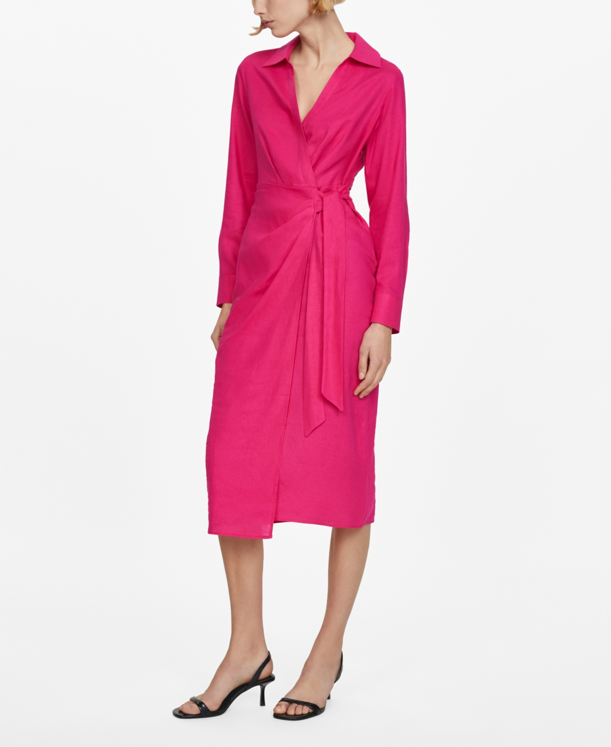 Mango Linen Shirt Dress With Bow Fuchsia In Bright Pink