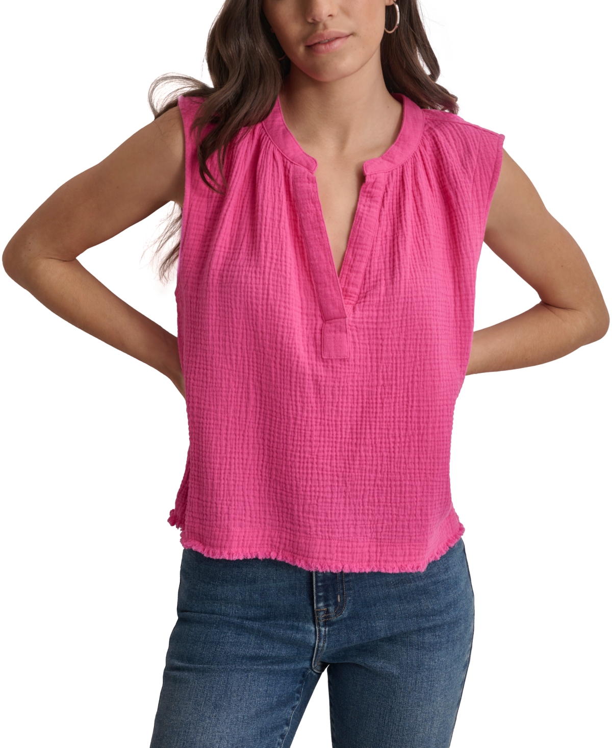 Shop Dkny Jeans Women's Sleeveless Double-crepe Gauze Crop Top In Shocking Pink
