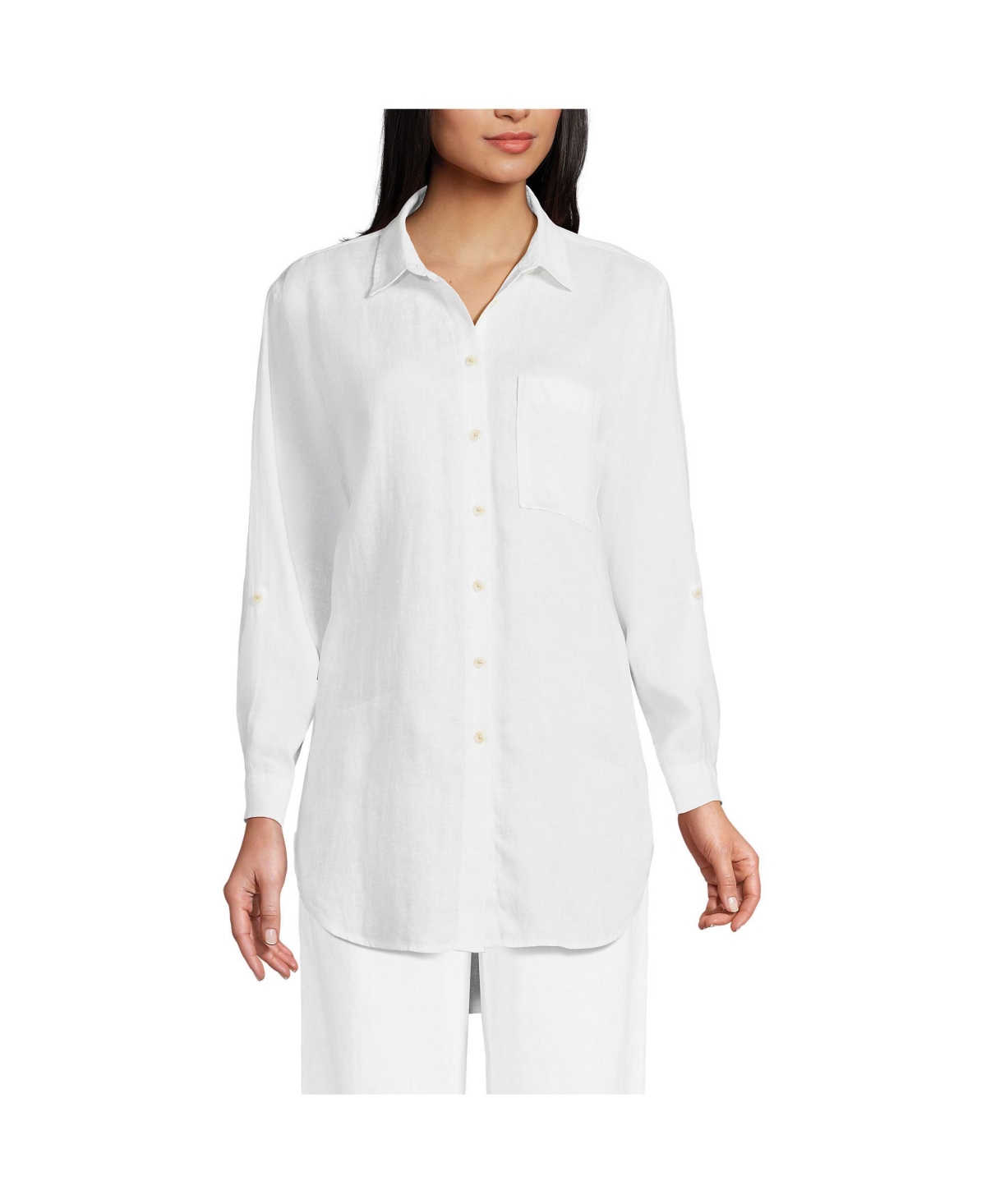 Lands' End Women's Tall Linen Roll Sleeve Oversized Relaxed Tunic Top