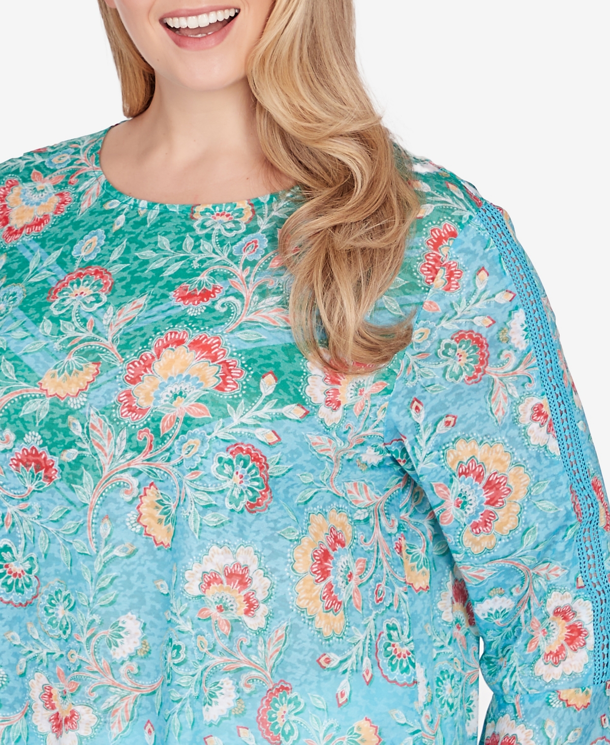 Shop Ruby Rd. Plus Size Triopical Chevron Lace Sleeve Top In Parrot Multi