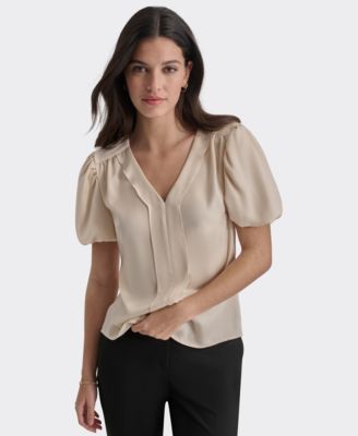 DKNY - Petite V-Neck Balloon-Short-Sleeve Blouse