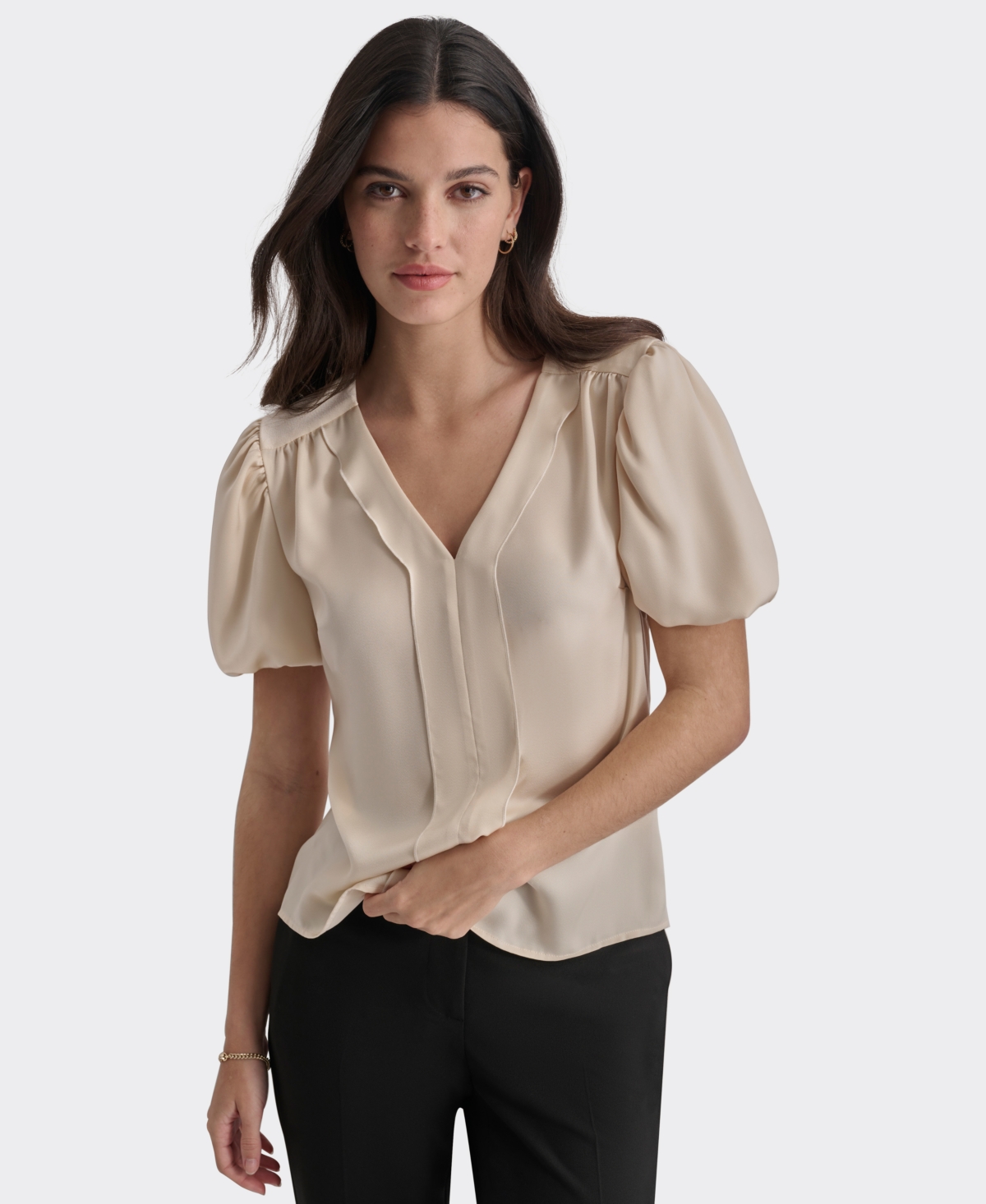 Shop Dkny Petite V-neck Balloon-short-sleeve Blouse In Parchment