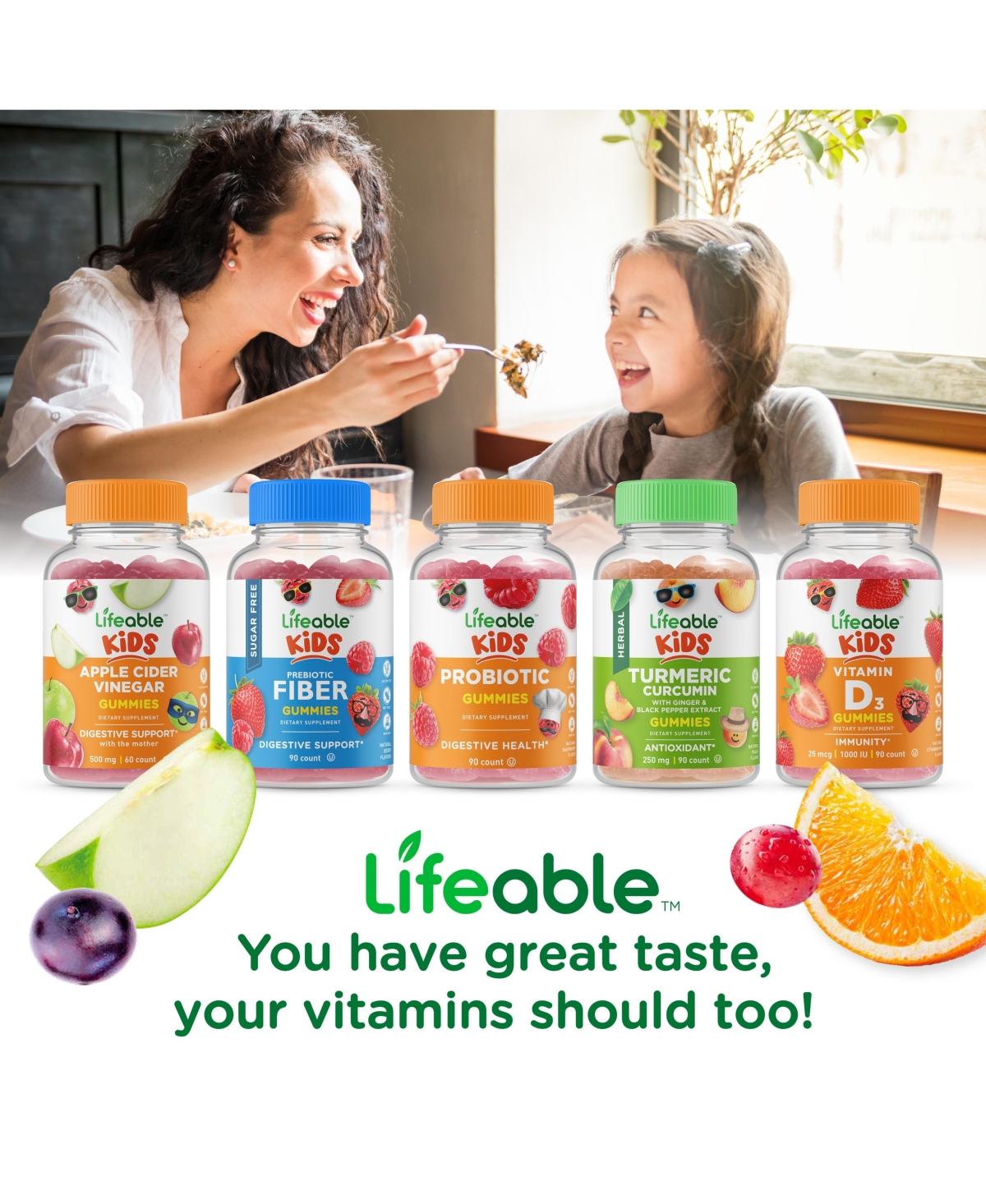 Lifeable Sugar Free Probiotics with Prebiotics Fiber for Kids - Digestive And Immune - Great Tasting Natural Flavor, Supplement Vitamins - Gummies