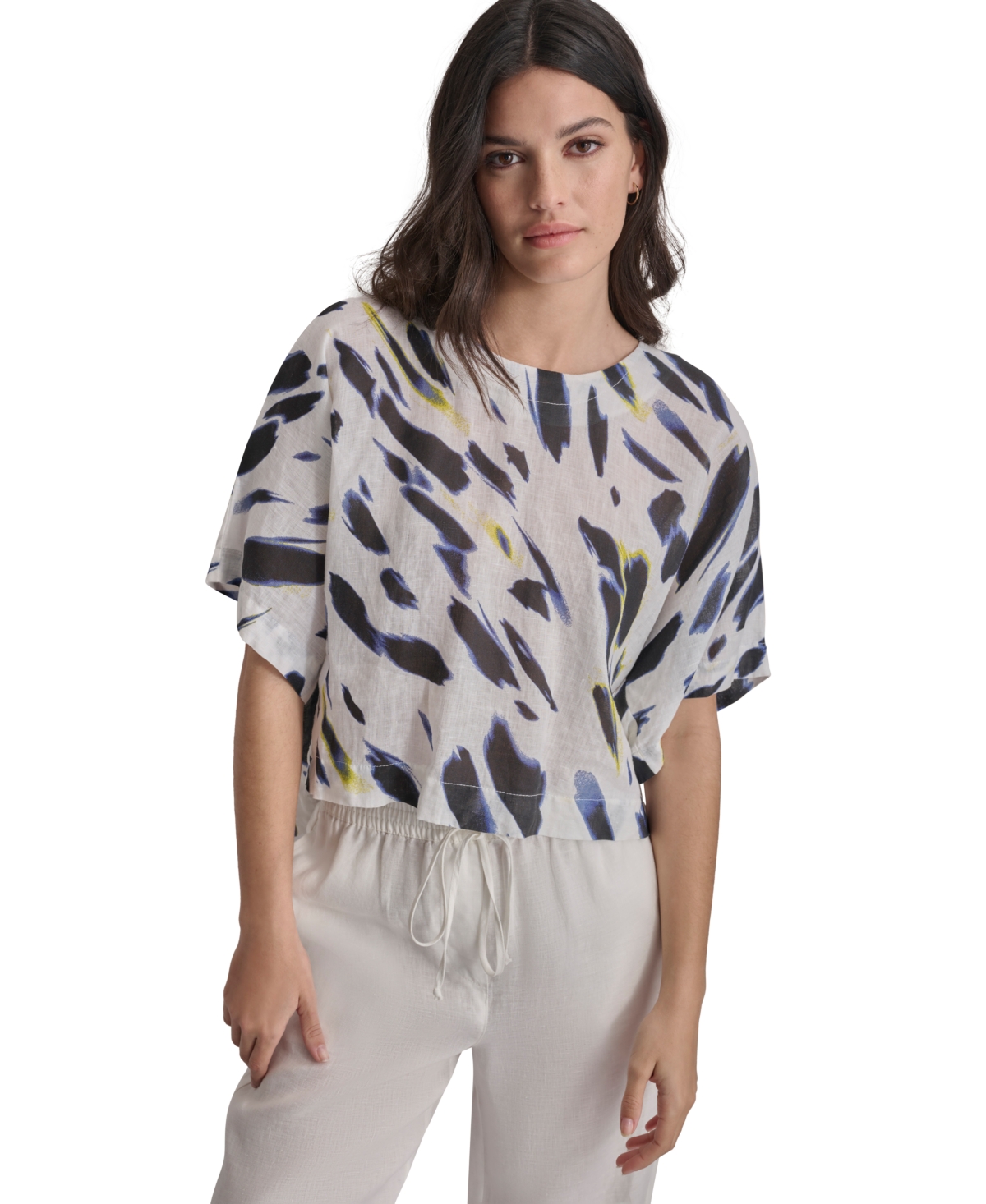 Shop Dkny Women's Printed Linen Drop-shoulder Short-sleeve Crop Top In Fluo Ylw,w
