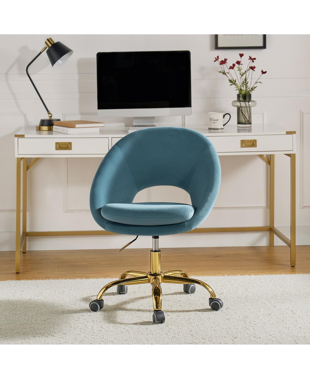 Hulala Home Modern Velvet Office Chair with Adjustable Swivel for Study Vanity