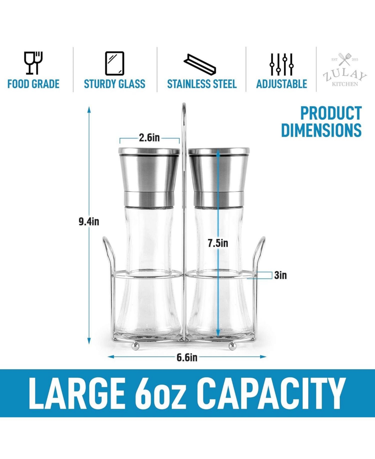 Zulay Kitchen Salt and Pepper Grinder with Adjustable Coarseness Options and Portable Holder