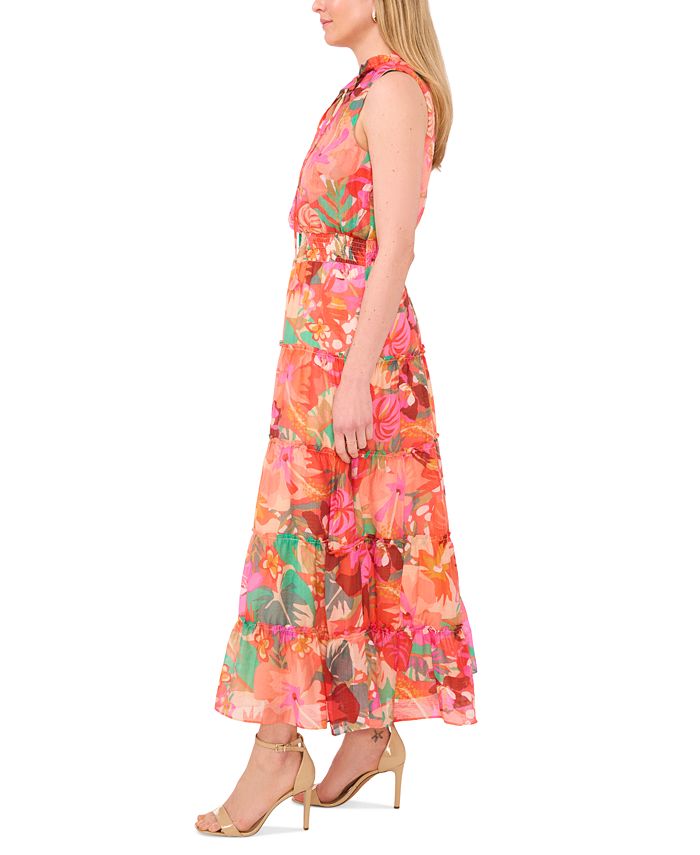 msk sleeveless tie neck tiered maxi dress