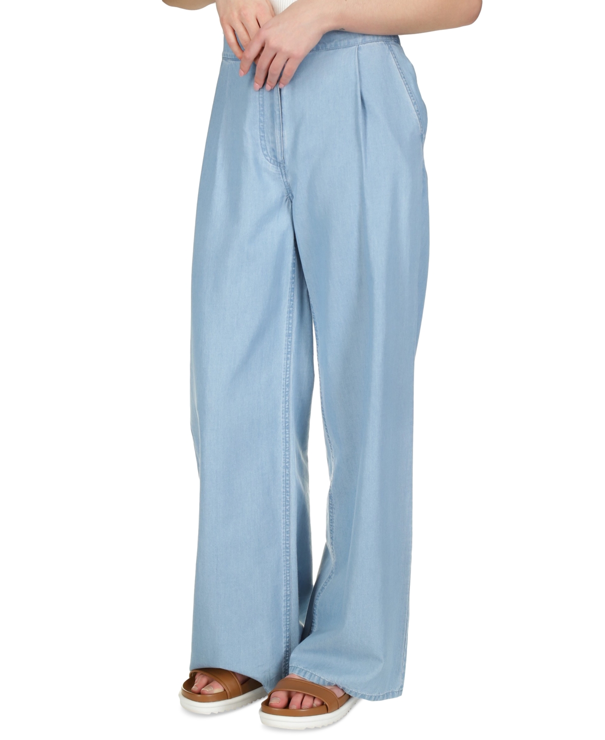 Shop Michael Kors Women's Chambray Pleated Wide-leg Pants In Skybluewas