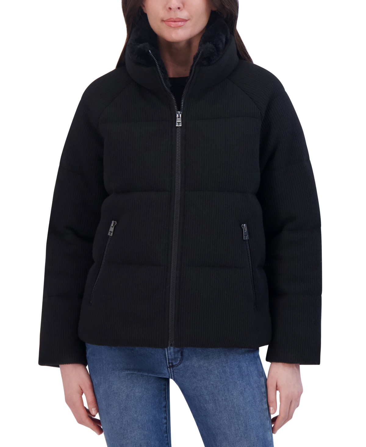 Tahari Women's Knit Faux-Fur-Collar Puffer Coat