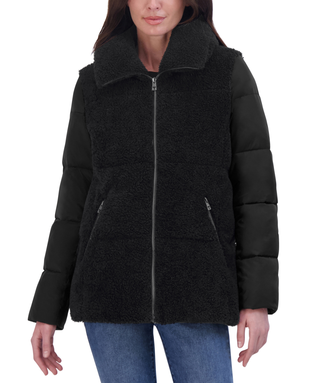 Tahari Women's Mixed-media Stand-collar Puffer Coat In Noir