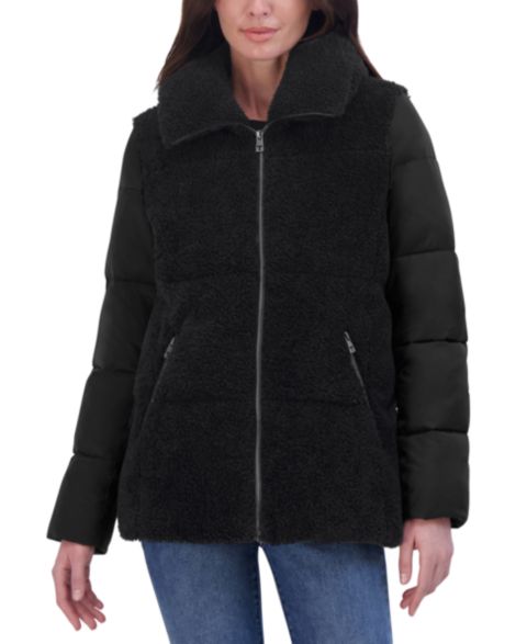 Женские куртки Tahari Women's Mixed-Media Stand-Collar Puffer Coat
