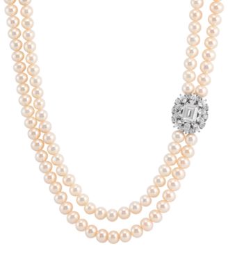 Arabella - Freshwater Pearl (5-6mm) & Cubic Zirconia Double Strand 17" Collar Necklace in Sterling Silver