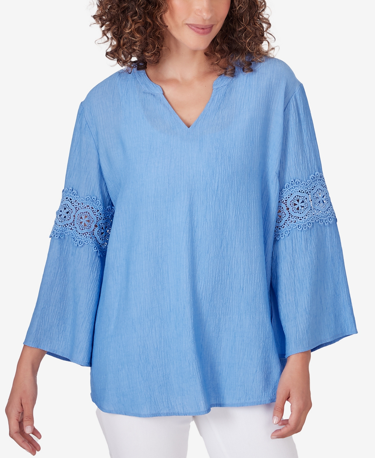 Shop Ruby Rd. Petite Bali Split Neck Lace Bell Sleeve Top In Blue Moon