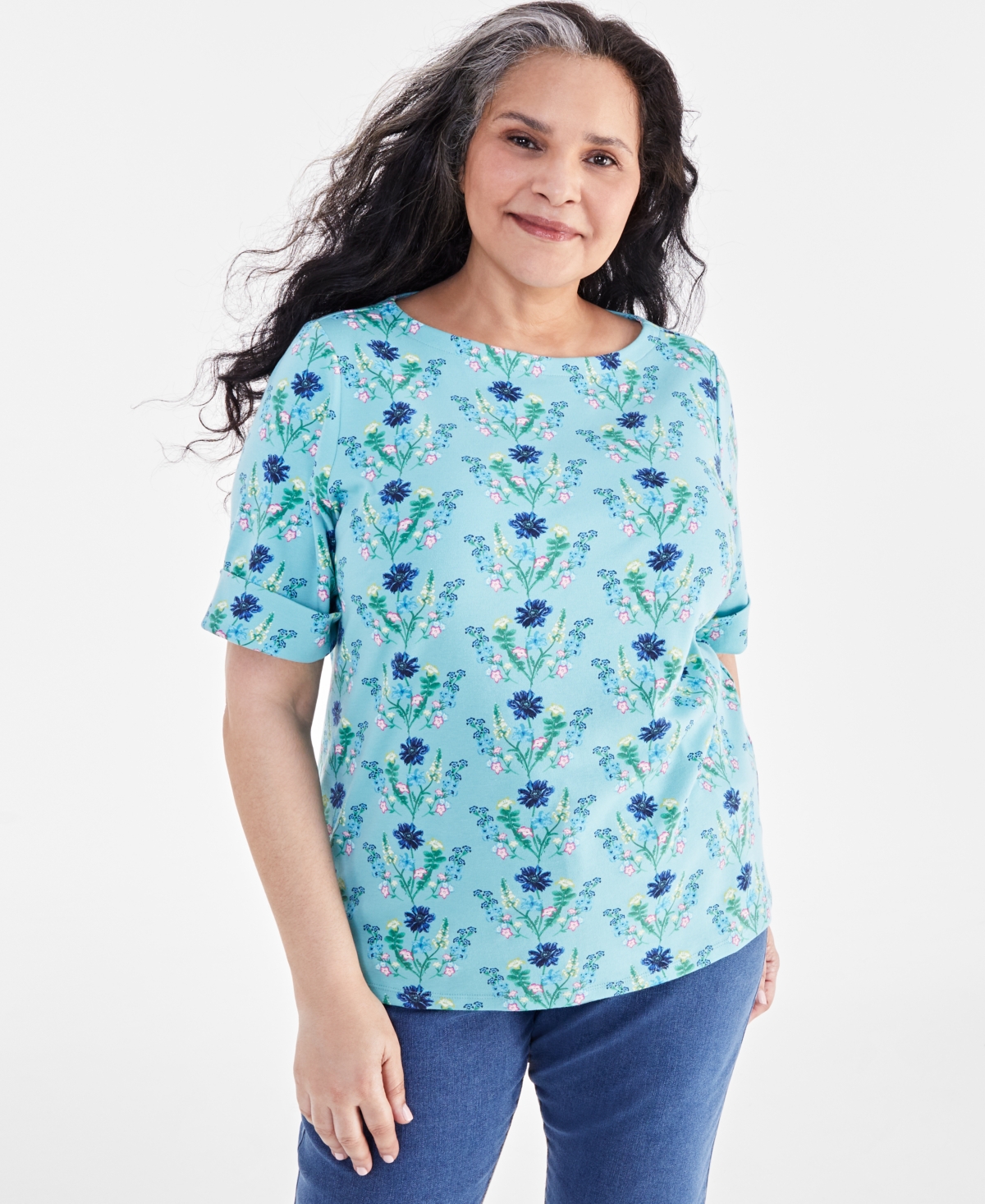 Plus Size Printed Elbow-Sleeve Top, Created for Macy's - Mirrored Hedge