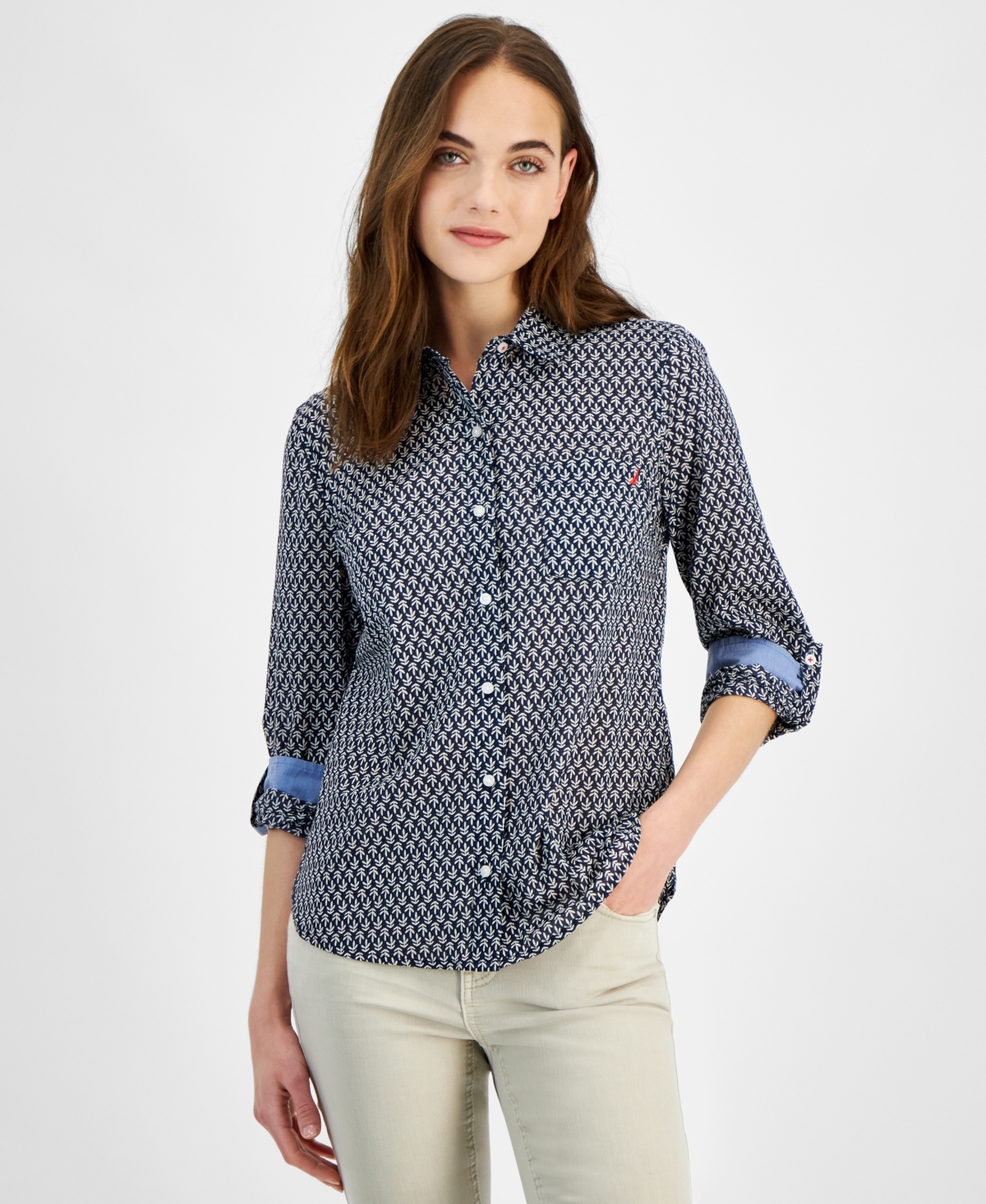Nautica Jeans Women's Stamp-Leaf Roll-Tab Shirt