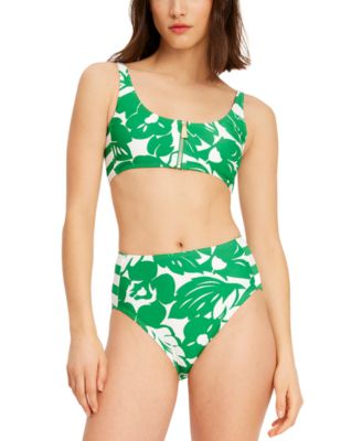 Womens Printed Zip Front Bikini Top High Waist Bikini Bottoms