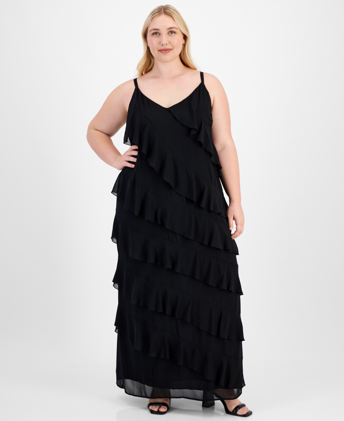 Trendy Plus Size V-Neck Sleeveless Ruffle-Trim Gown - Navy