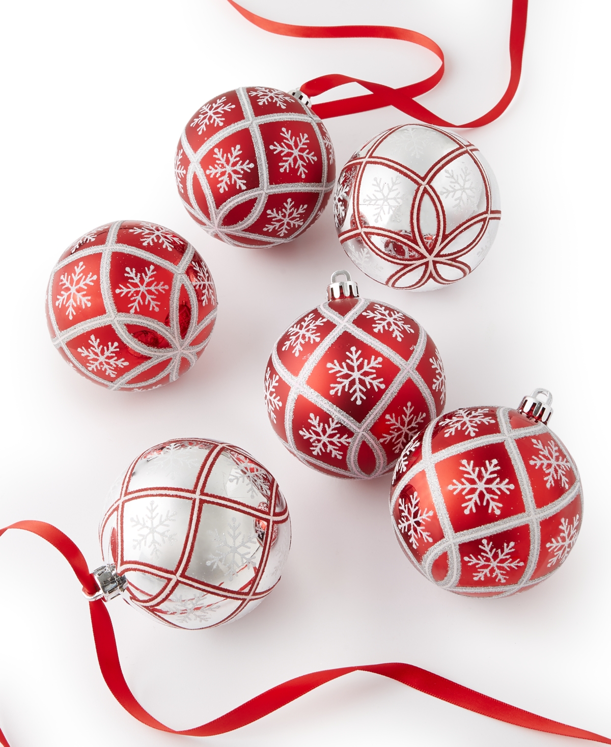 Holiday Lane Christmas Cheer 6-Pc. Red and Silver Set of Ball Ornaments with a Decorated Finish, Created for Macy's