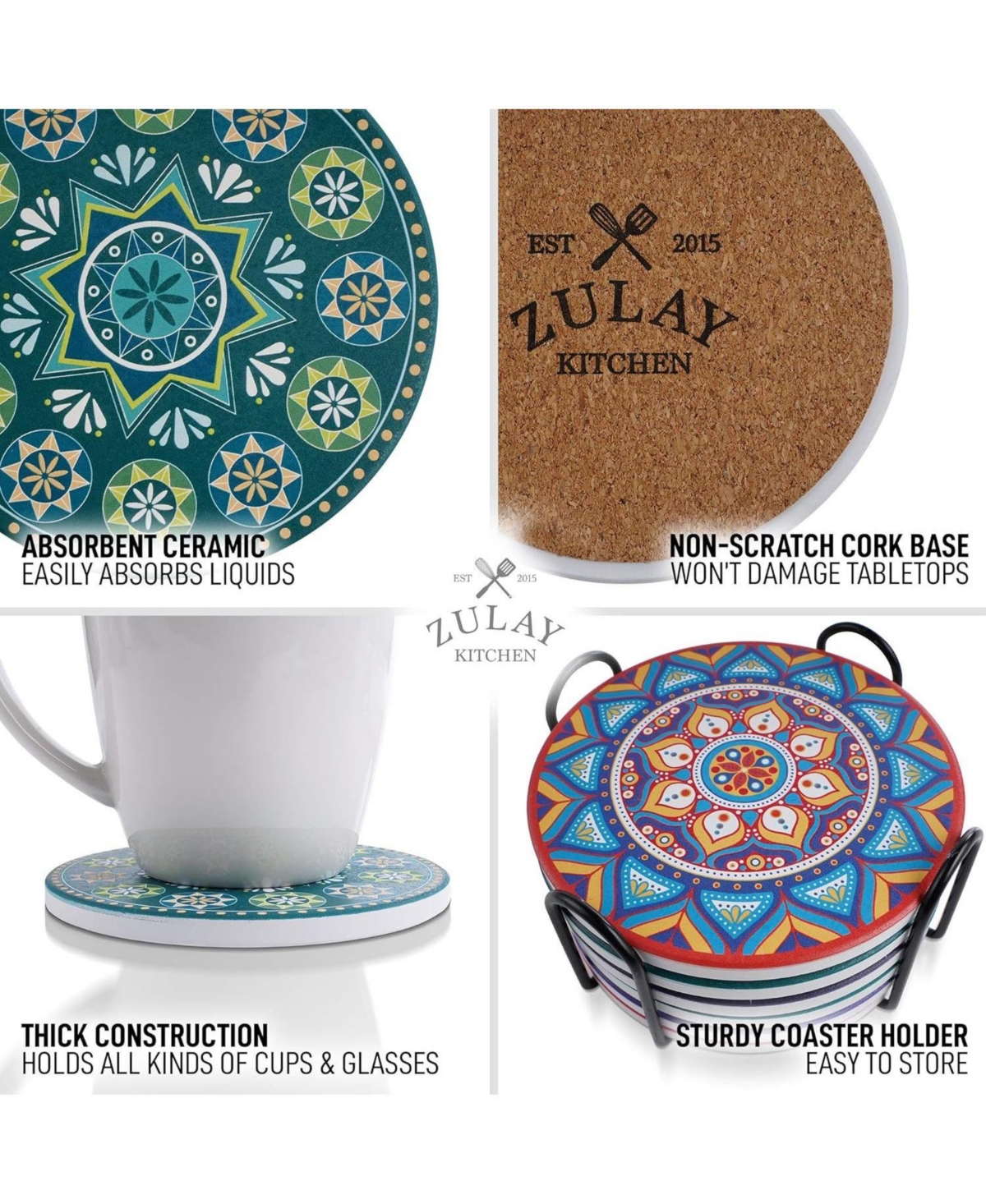 Zulay Kitchen Mandala Coasters with Holder & Cork Base - Pc.