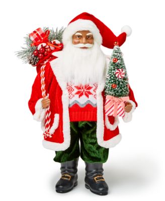 Holiday Lane - Christmas Cheer 18" African American Santa in Red & White Coat Holding a Bag of Gifts & Teddy Bear